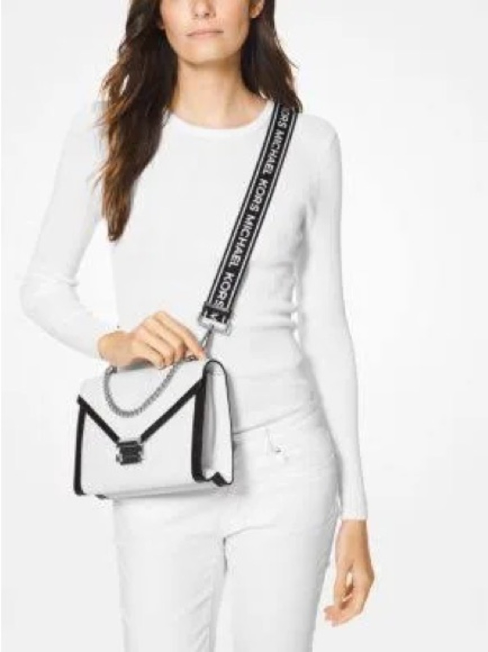 Michael Kors White Leather Satchel with Black Trim and Logo Strap